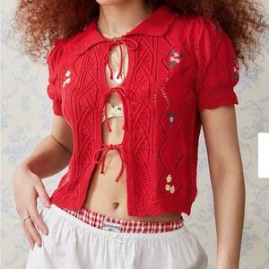 Hazel Moon Red Knit Sweater with Floral Details